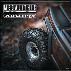 Alternative view of JConcepts Megalithic - green compound - performance 1.9" scaler tire (4.75in OD)