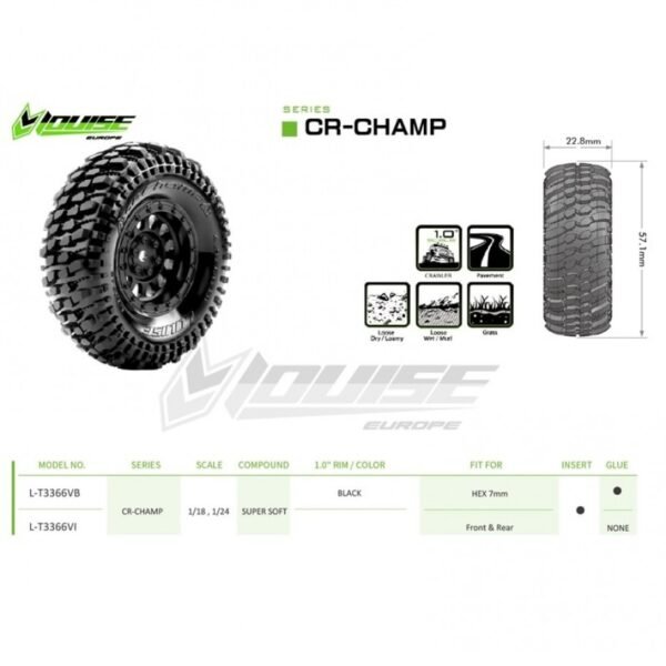 CR-CHAMP - 1:18/1:24 Crawler Tires Super Soft for 1.0 Wheels (2) - LR-T3366VI - Image 4