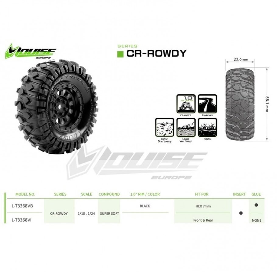 CR-ROWDY - 1:18/1:24 Crawler Tires Super Soft for 1.0 Wheels (2) - LR-T3368VI - Image 3