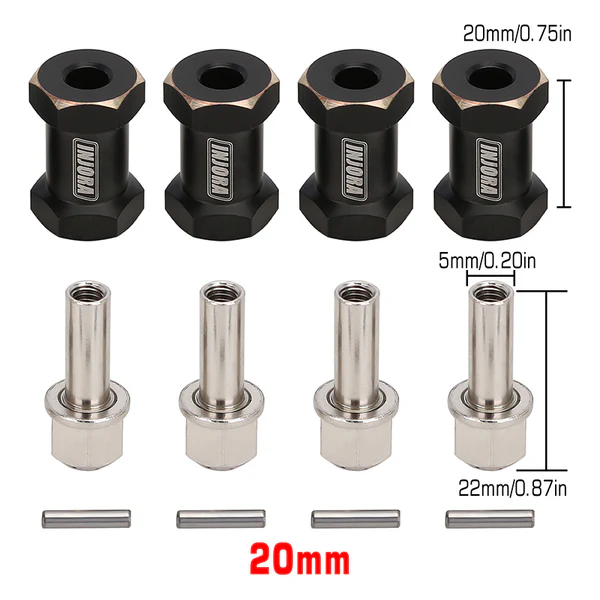 INJORA 4PCS 12mm Black Coating Brass Wheel Hex Hub Extenders for SCX10 & SCX10 II (20mm)