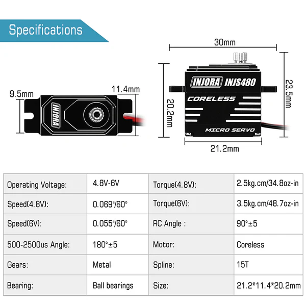 INJORA INJS480 Coreless Micro Servo with Mount & Horn for 1/24 Axial SCX24 - Image 3