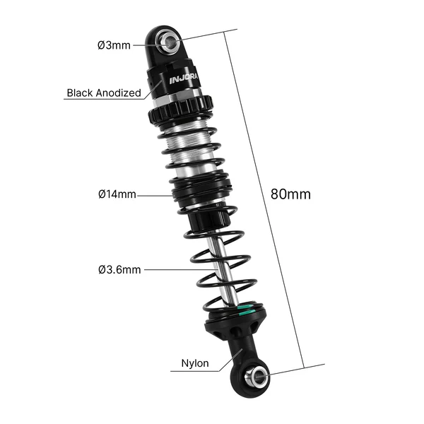 INJORA DRX Dual-Rate Spring Oil Shocks for 1/10 RC Crawlers, 80mm 4pcs - Image 2